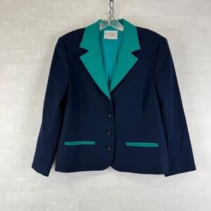 Pendleton Navy Wool Blazer Jacket Green Contrast Trim Size 6 Vintage USA